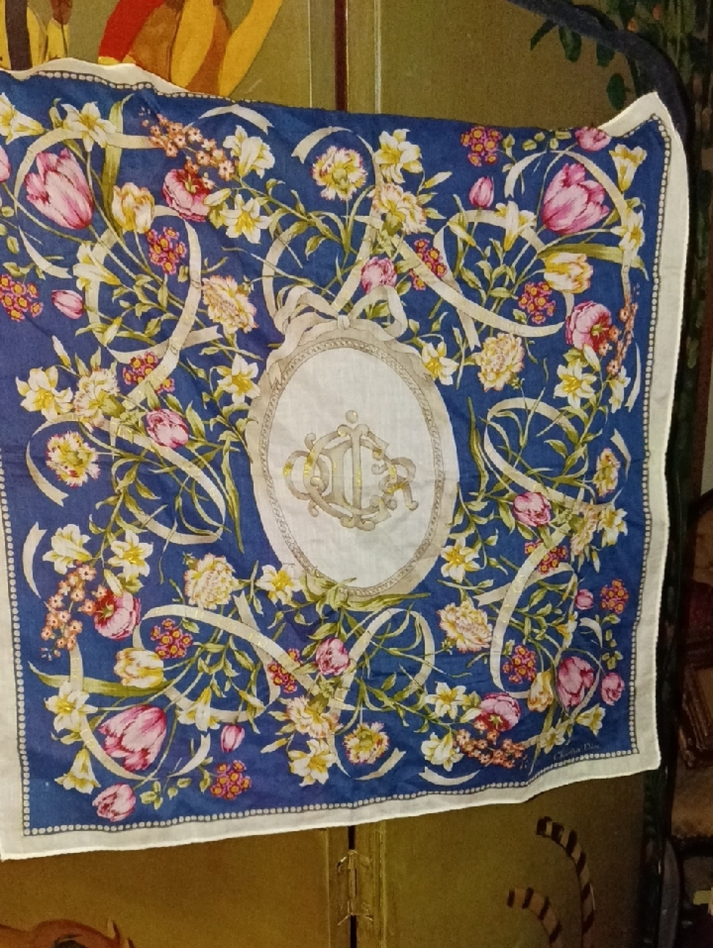 Vintage Blue Floral Christian Dior Square Scarf with Central Medallion